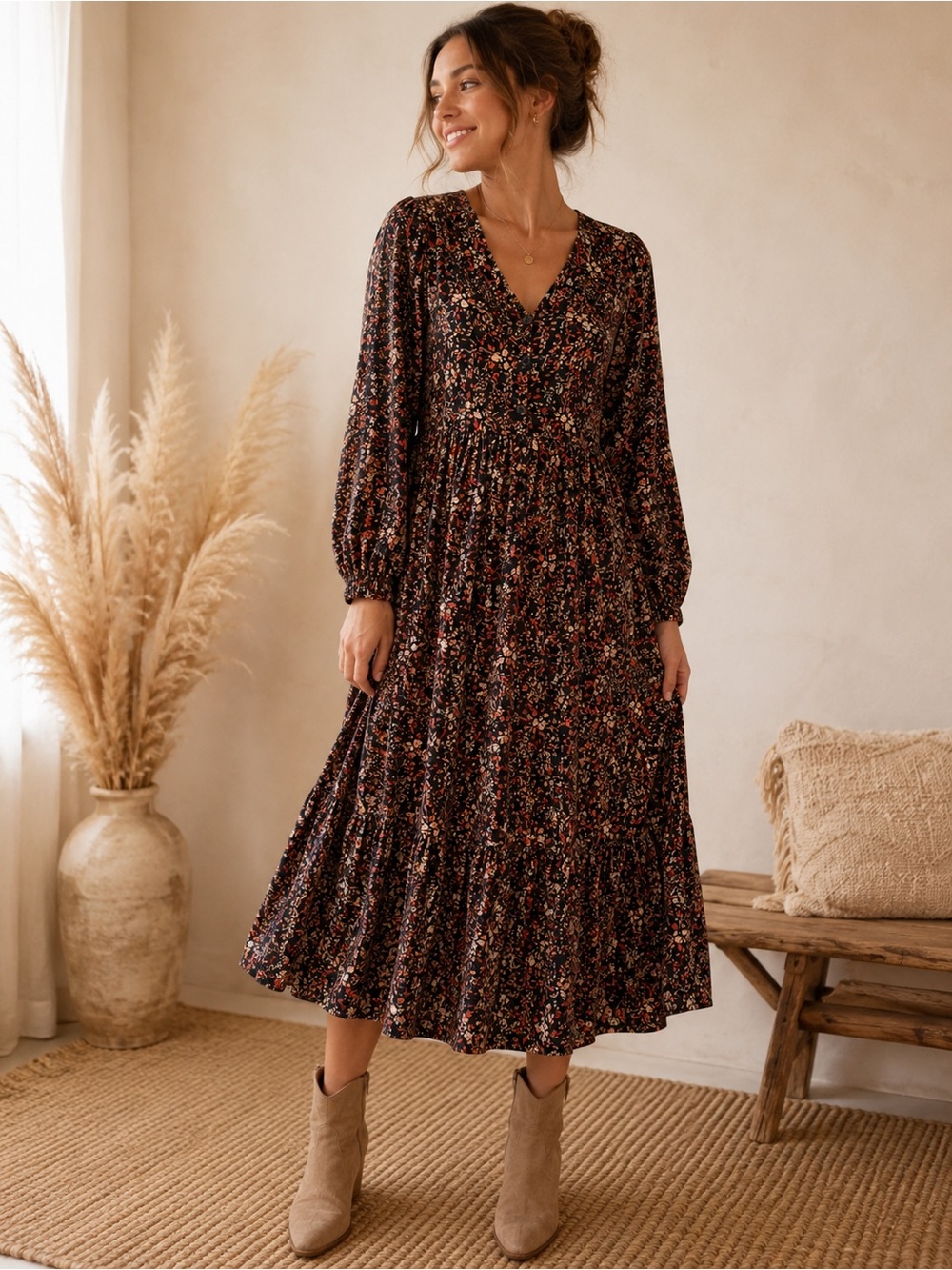 Old Navy Black Floral Midi Dress